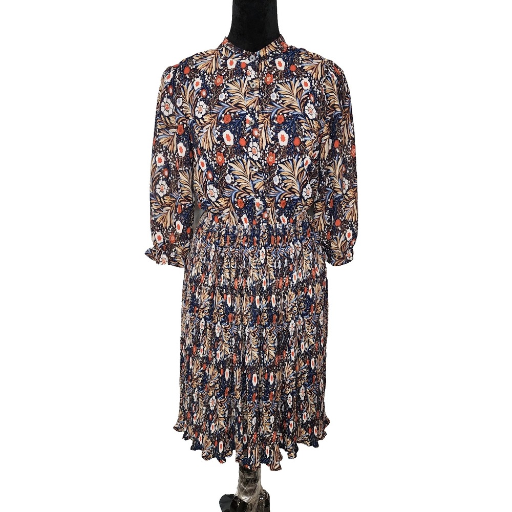 eShakti Small Navy Botanical Chiffon Plisse Pleated Pockets Fit & Flare Dress